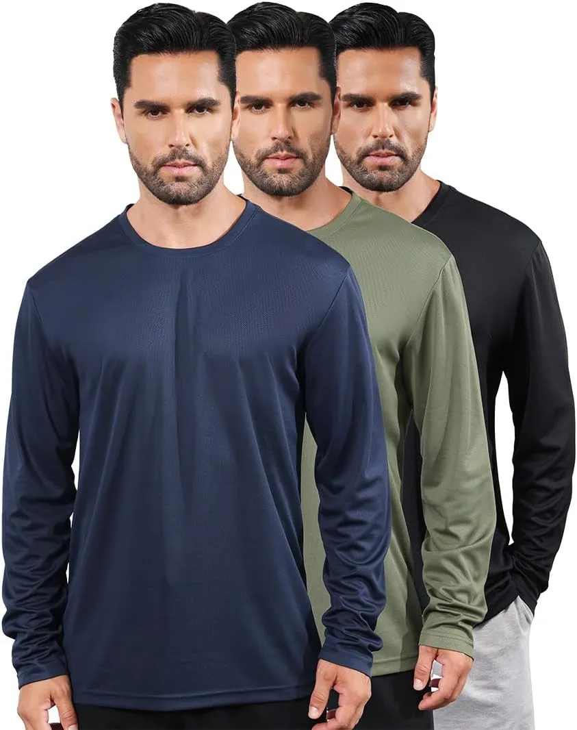 3 Pack Men's Long Sleeve Shirts Quick Dry Moisture Wicking Lightweight Sun Protection T Shirt for Running Outdoor Activities