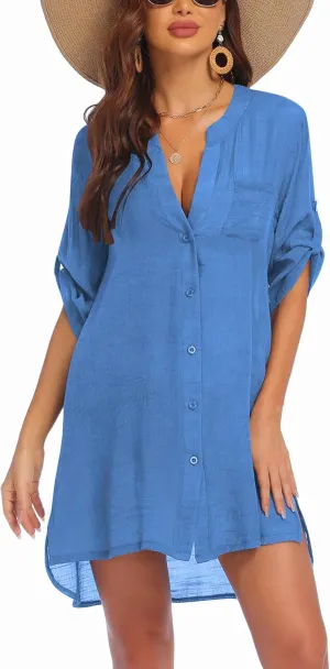 AI'MAGE Women's Swimsuit Cover Ups Shirt V-Neck Button Down Bathing Suit Coverups Beach Tunic Top S-3XL
