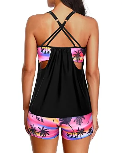 Athletic Swim Tank Top Boy Shorts Tummy Control Tankini Set-Black Conut Tree