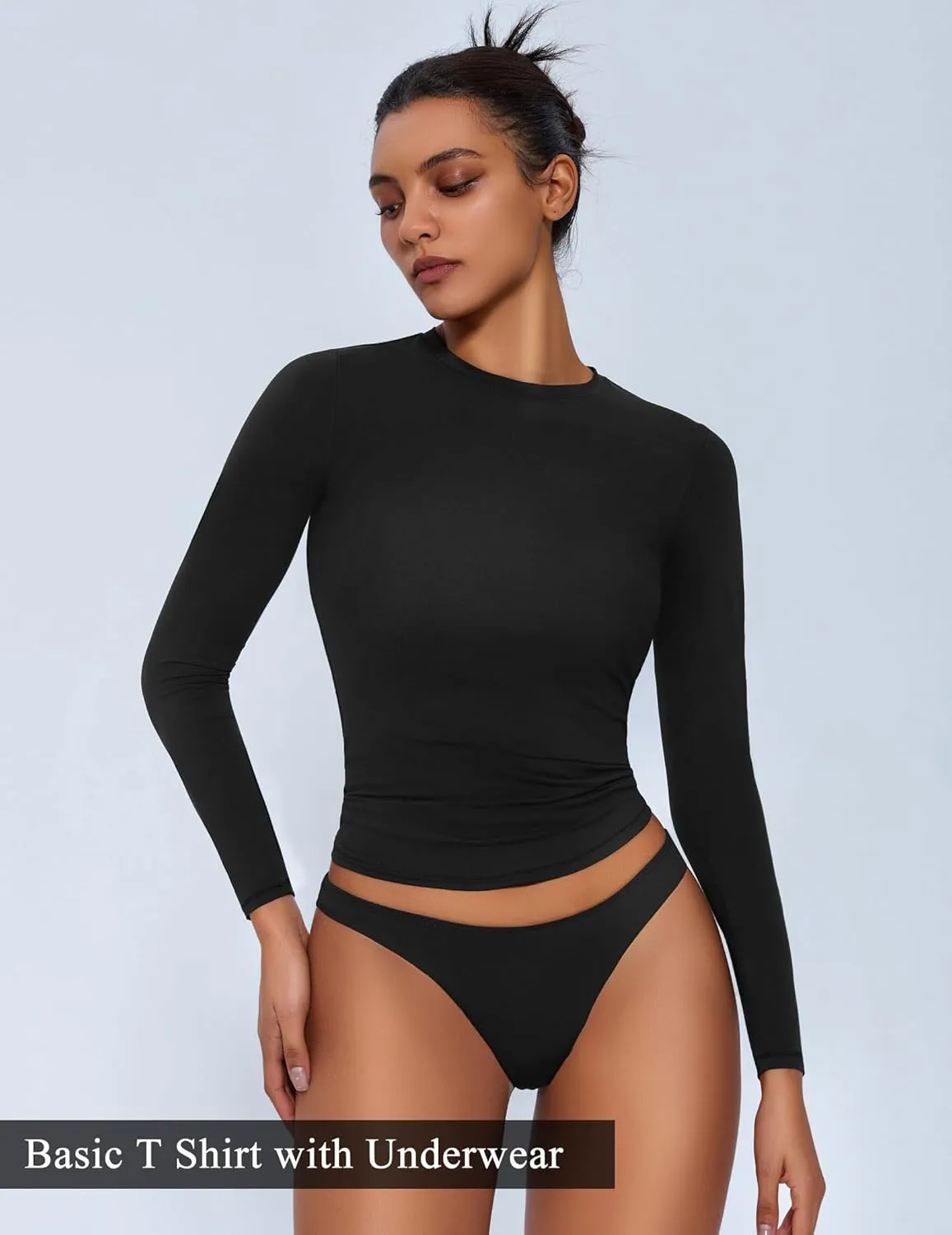 Avidlove Women Double Lined Basic Fitted T Shirts Long Sleeve Crew Neck Y2K Top with Underwear S-XXL
