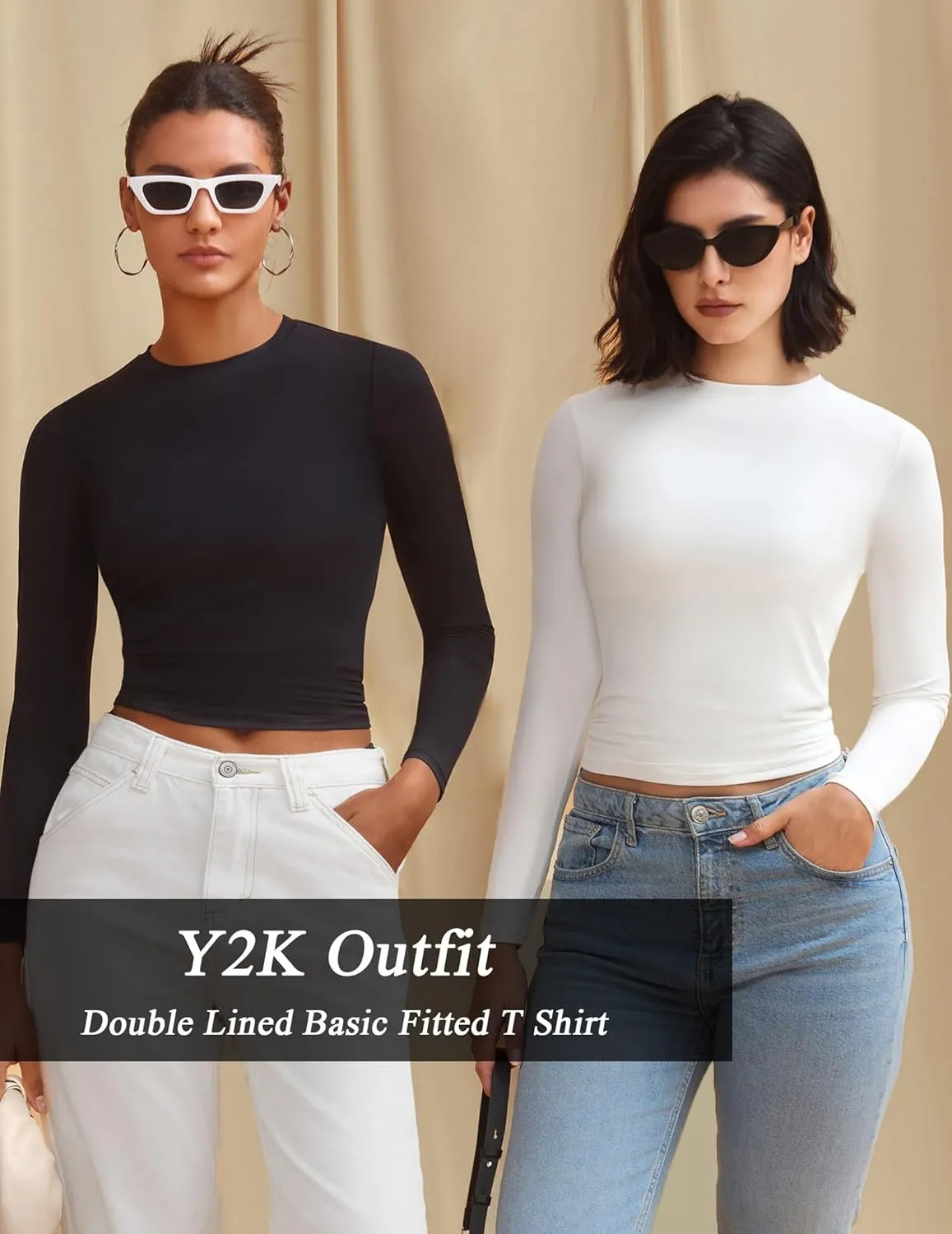 Avidlove Women Double Lined Basic Fitted T Shirts Long Sleeve Crew Neck Y2K Top with Underwear S-XXL