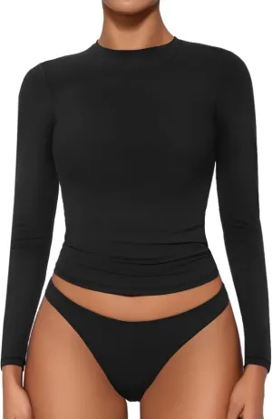 Avidlove Women Double Lined Basic Fitted T Shirts Long Sleeve Crew Neck Y2K Top with Underwear S-XXL