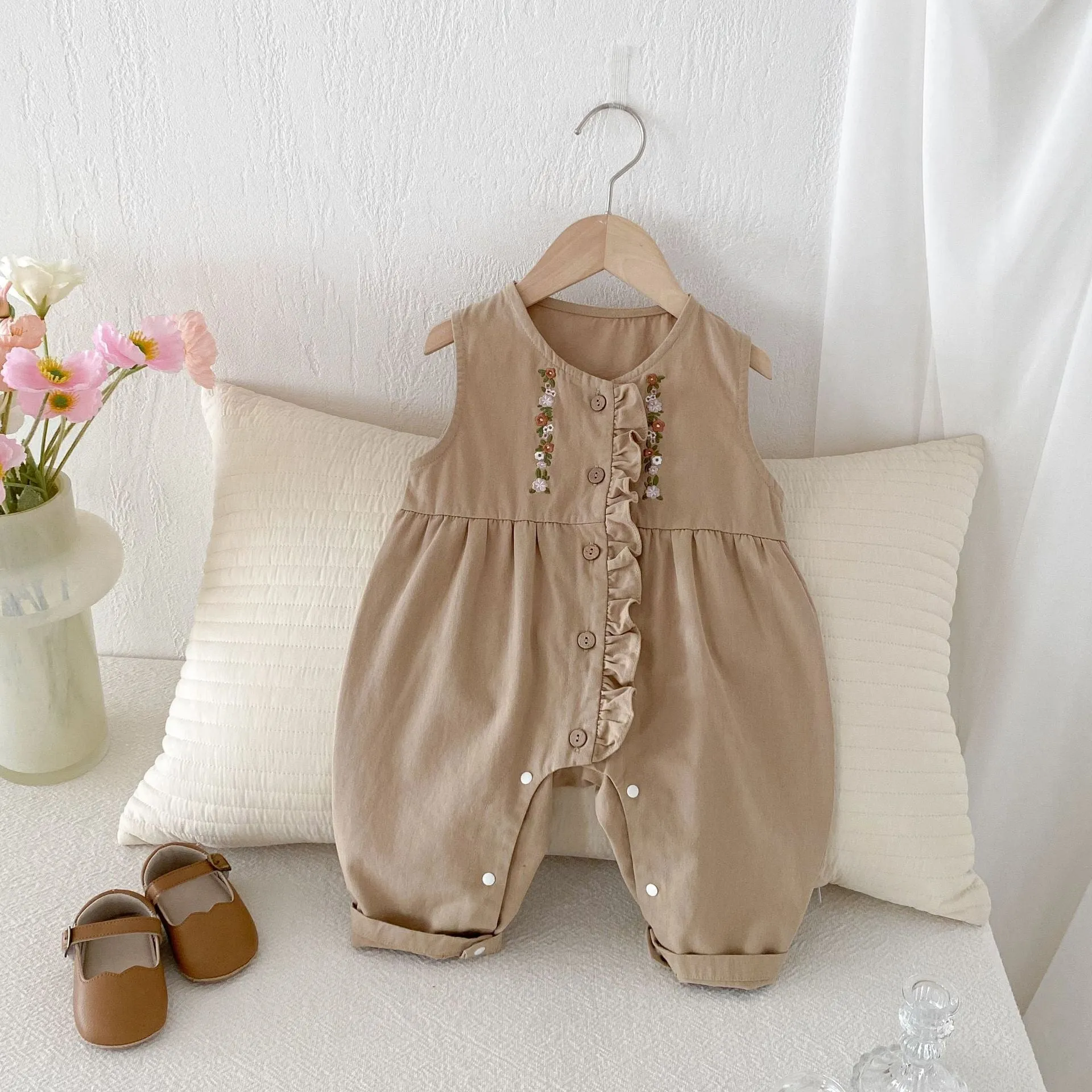 Baby Girls Embroidered Shirt Jumpsuit 2-Piece Set