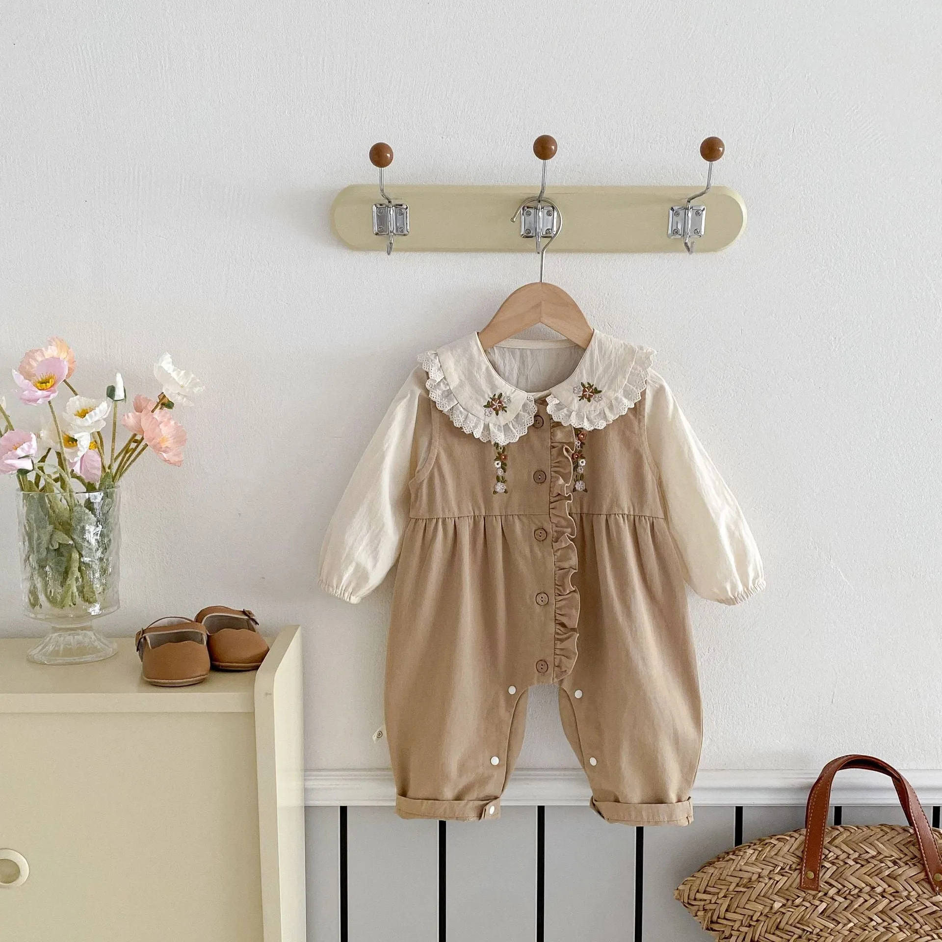 Baby Girls Embroidered Shirt Jumpsuit 2-Piece Set