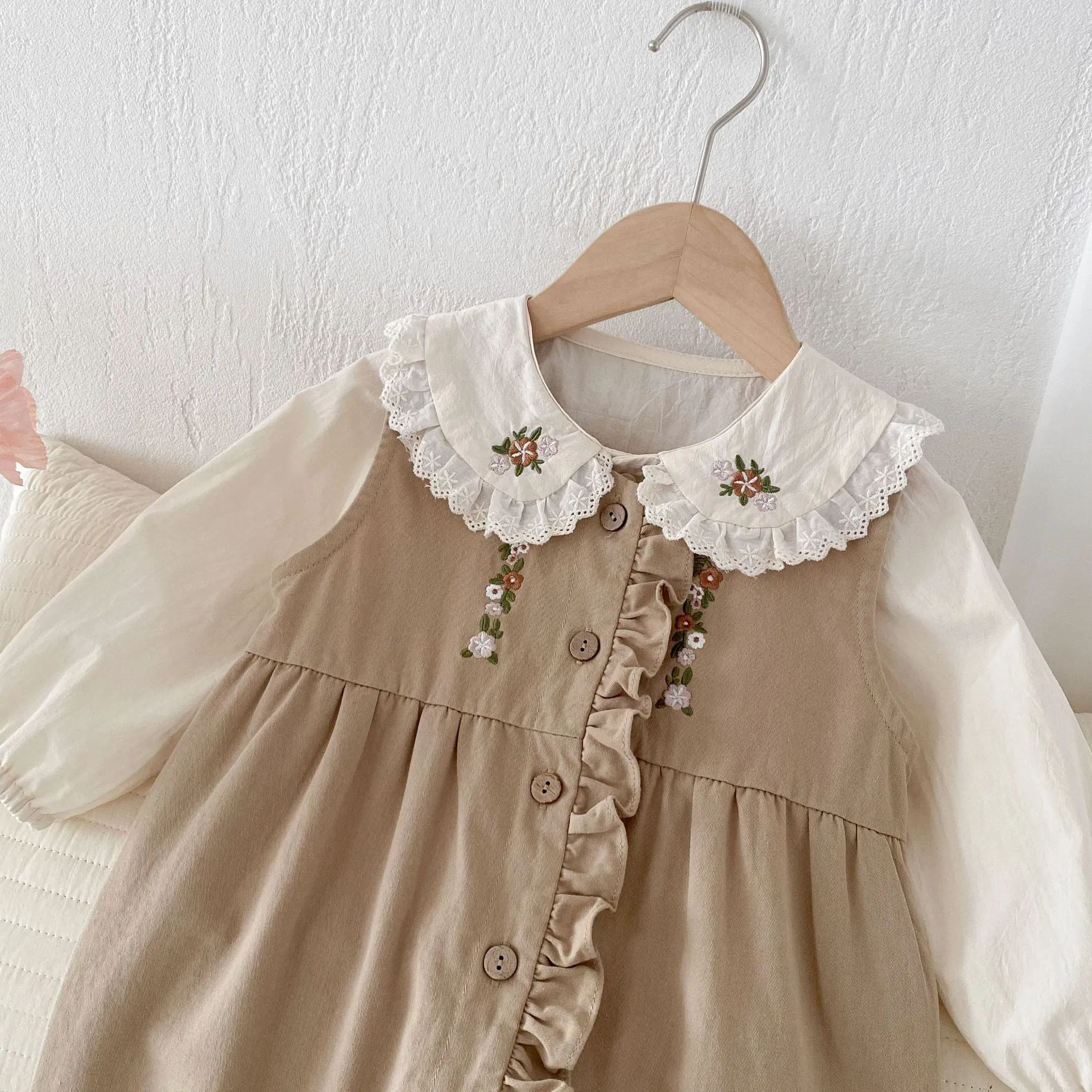 Baby Girls Embroidered Shirt Jumpsuit 2-Piece Set
