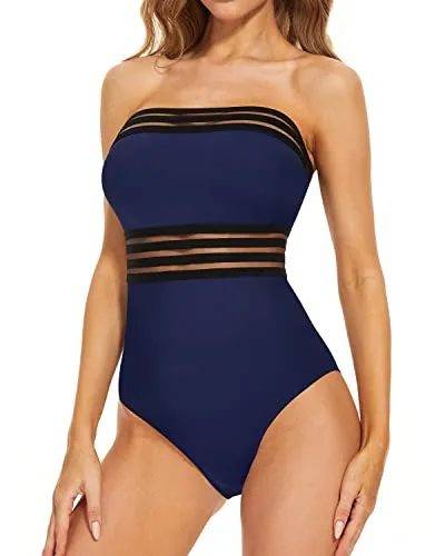 Bandeau Tube Swimswear Slimming Strapless One Piece Swimsuit For Women-Navy Blue