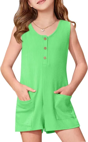BesserBay Girls Summer Ribbed Sleeveless Romper Casual One Piece Button Down Scoop Neck Jumpsuit with Pockets 6-14 Years