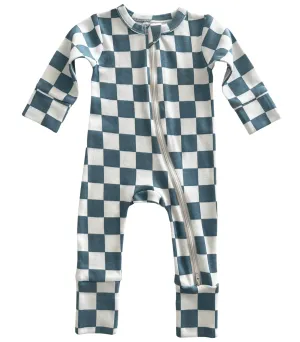 Blue Check Organic Cotton Zip Sleepsuit