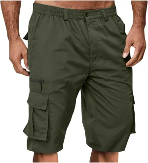 Cargo Shorts for Men Summer Work Hiking Pants Elastic Waist Knee Length Big and Tall Bermuda Shorts with Pockets