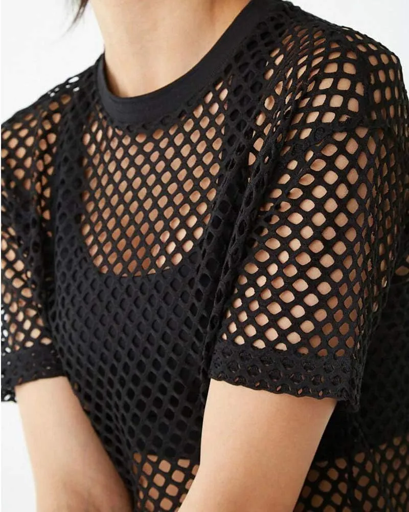 CLOZOZ Women's Mesh Cover Up See Through Fishnet T-Shirt Crop Top