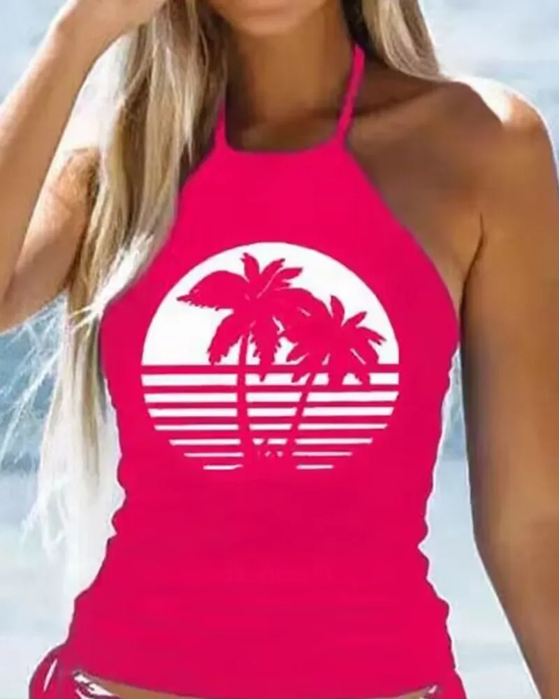 Coconut Tree Print Drawstring Ruched Halter Tankini Set