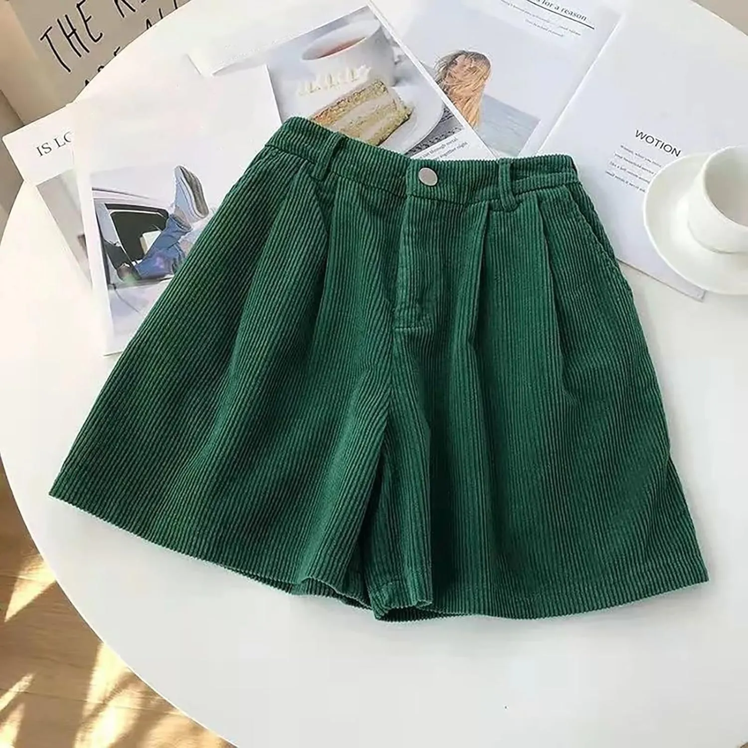 Corduroy Shorts for Women Summer Mid-Waist Straight Wide Leg Shorts Dressy Buttons Fly Trendy Short with Pockets