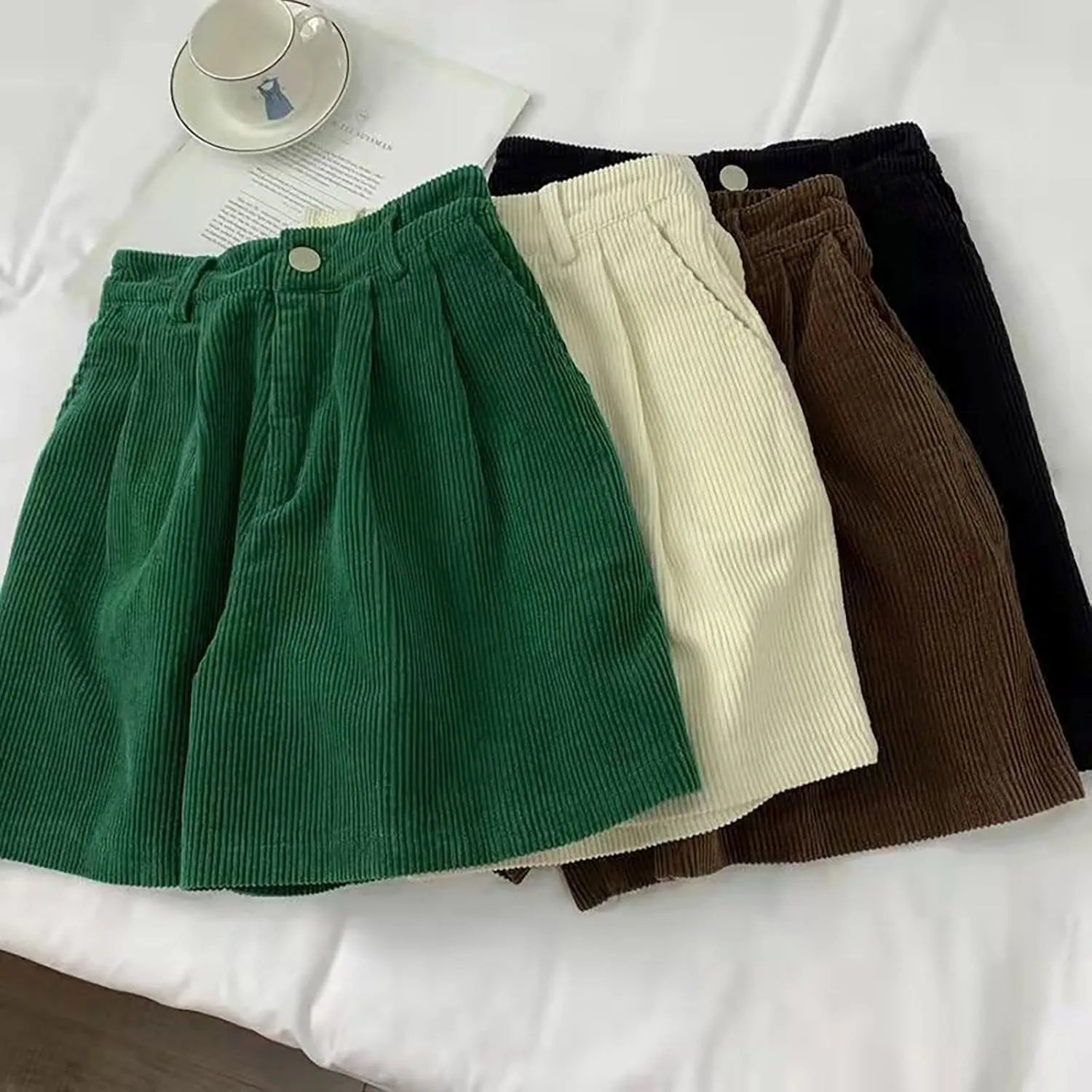 Corduroy Shorts for Women Summer Mid-Waist Straight Wide Leg Shorts Dressy Buttons Fly Trendy Short with Pockets