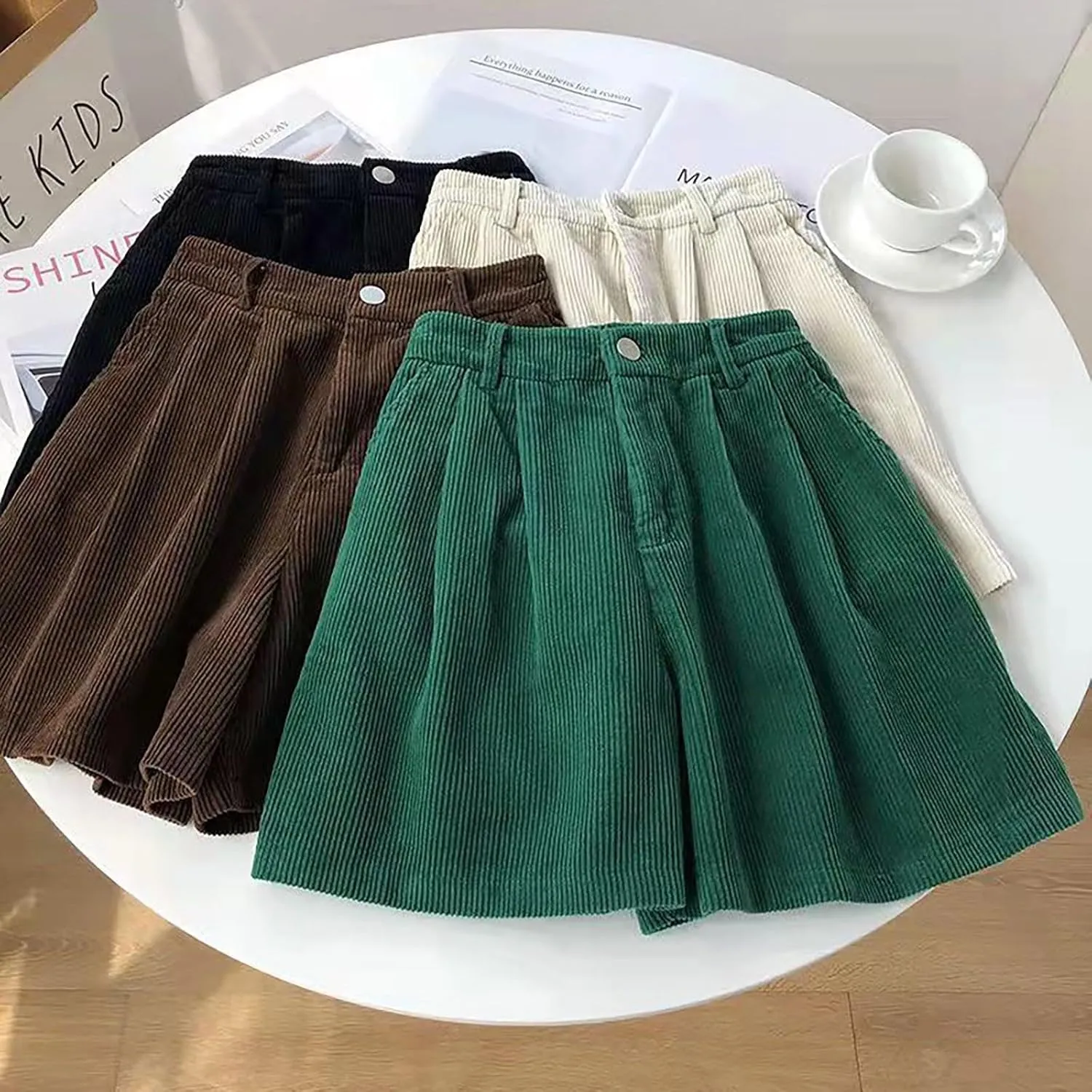 Corduroy Shorts for Women Summer Mid-Waist Straight Wide Leg Shorts Dressy Buttons Fly Trendy Short with Pockets