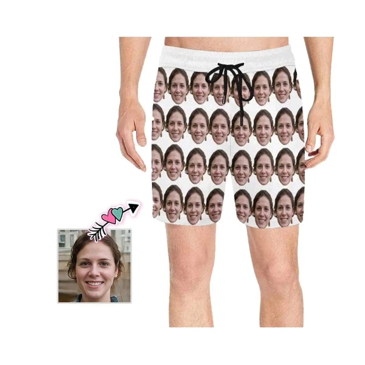 Custom I Love My Girlfriend Swim Trunks with Her Face Simple White Men's Quick Dry Swim Shorts