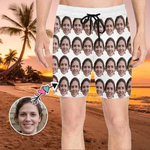 Custom I Love My Girlfriend Swim Trunks with Her Face Simple White Men's Quick Dry Swim Shorts