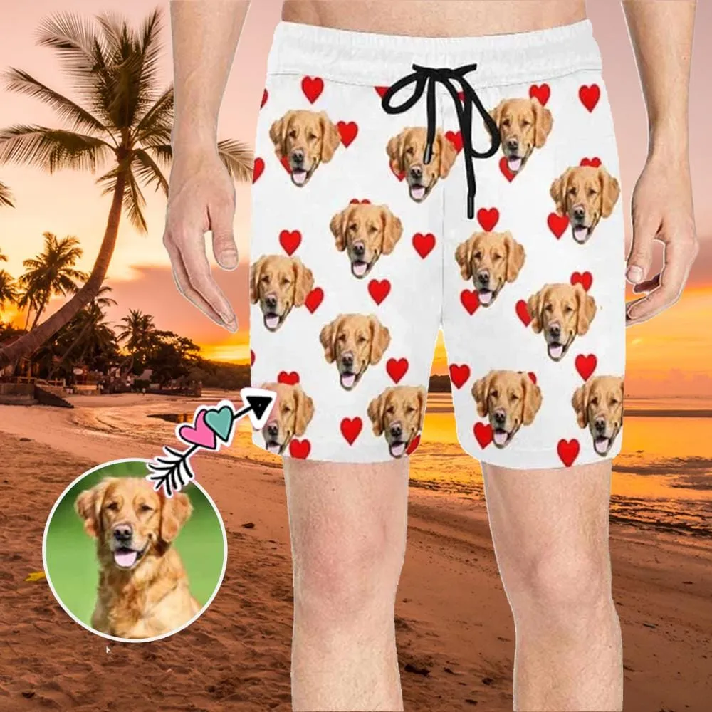 Custom Pet Face Swim Shorts Personalized Heart Men's Quick Dry Swim Shorts with Puppy's Pictures