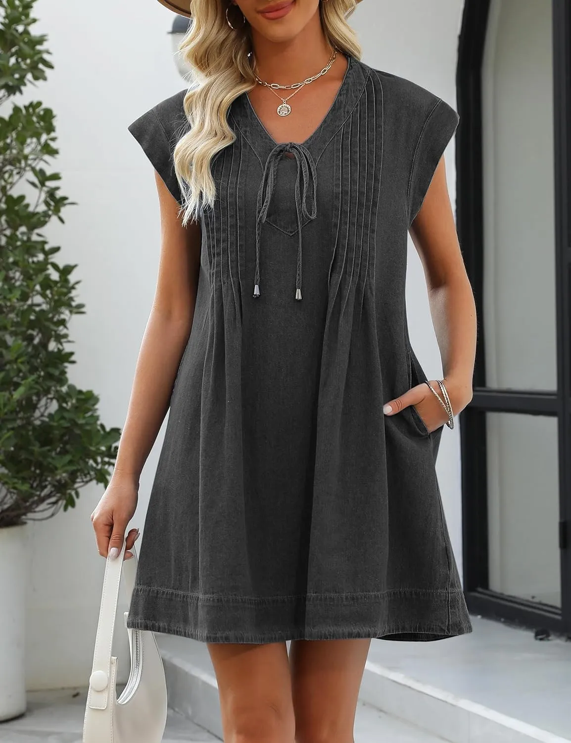 Denim Dress for Women,V Neck Jean Dresses Short Sleeves Denim Romper Dress with Pockets