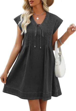 Denim Dress for Women,V Neck Jean Dresses Short Sleeves Denim Romper Dress with Pockets