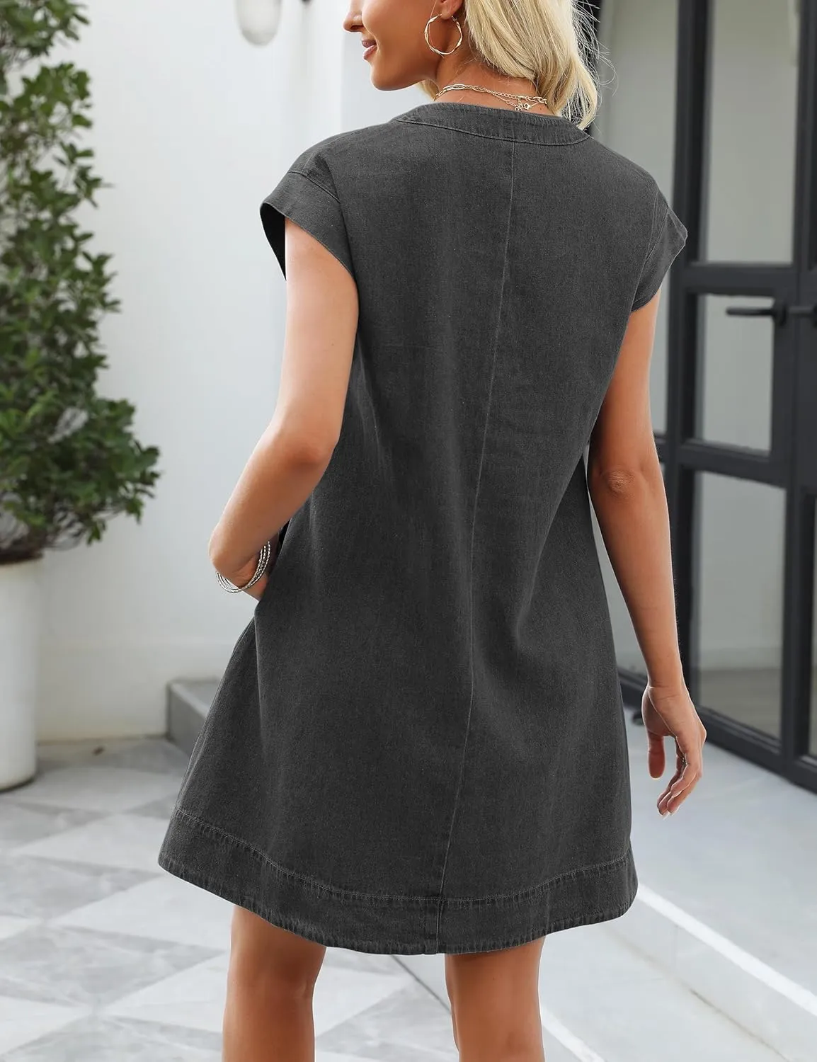 Denim Dress for Women,V Neck Jean Dresses Short Sleeves Denim Romper Dress with Pockets