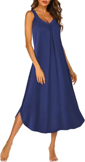 Ekouaer Sleeveless Nightgowns for Women Long Night Gown Pleated Full Length Sleepwear Tank Sleep Dress Slit Dress S-2XL