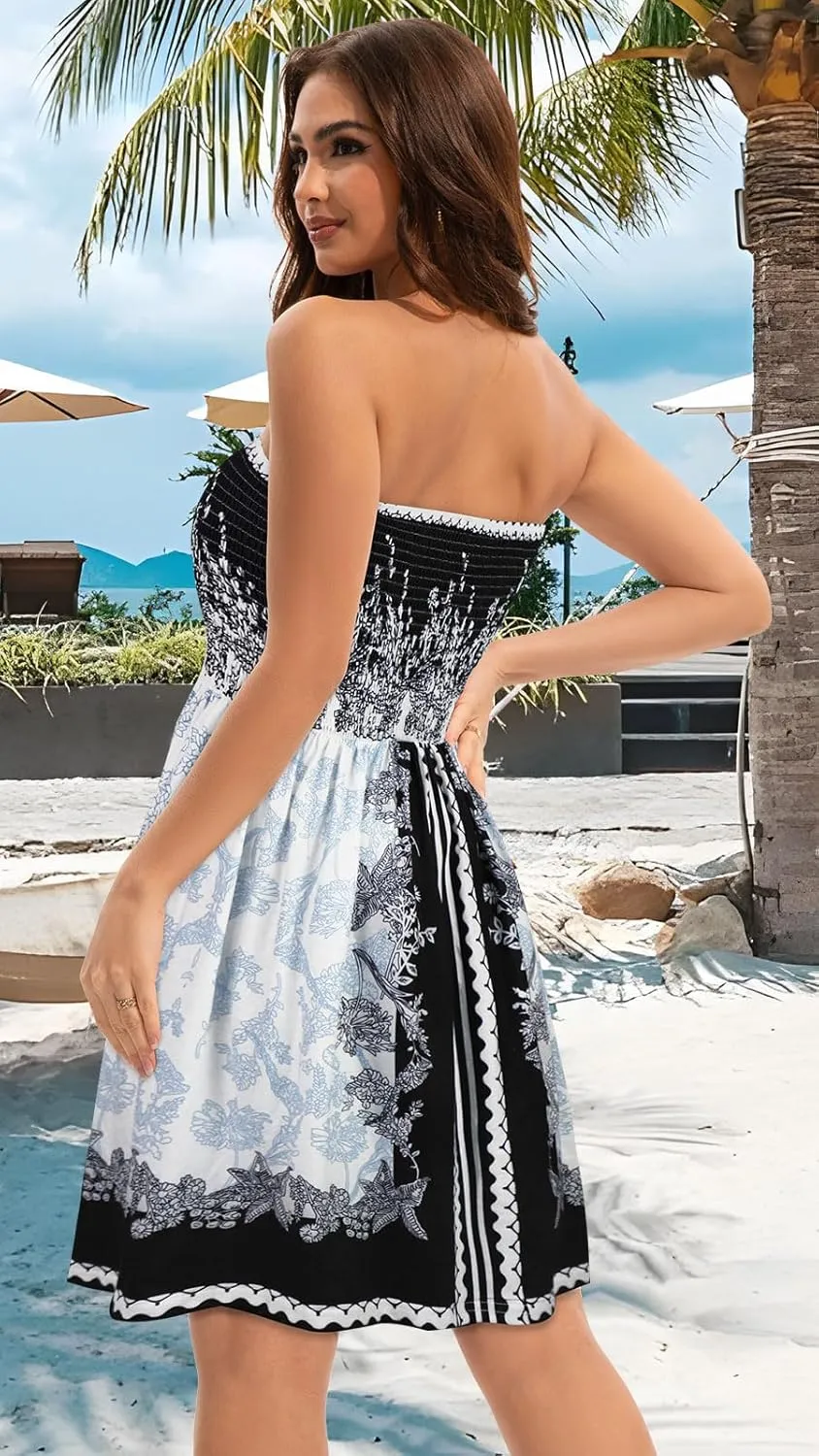 elescat Summer Dresses for Women Strapless Casual Beach Cover Ups Tube Top Sundress