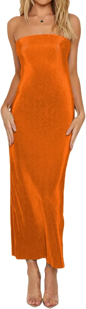 Faretumiya Strapless Skinny Maxi Dress Women Basic Sleeveless Tube Tie Back Midi Dress Ribbed Solid A-line Formal Dress