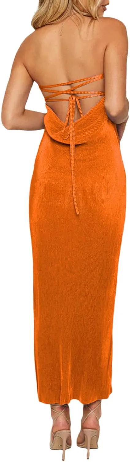 Faretumiya Strapless Skinny Maxi Dress Women Basic Sleeveless Tube Tie Back Midi Dress Ribbed Solid A-line Formal Dress