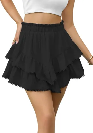 Flowy Shorts for Women Casual Boho Skorts Floral Ruffle Tiered High Waist Flared Mini Skirts Tennis Golf Shorts