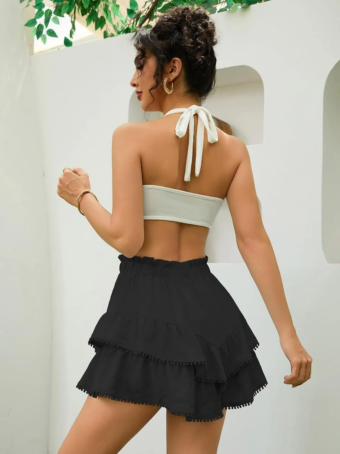 Flowy Shorts for Women Casual Boho Skorts Floral Ruffle Tiered High Waist Flared Mini Skirts Tennis Golf Shorts
