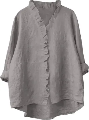 HGps8w 3/4 Sleeve Linen Shirts for Women 2025 Summer Ruffle V Neck Leisure Tops Loose Casual Tunic Tees Blouses