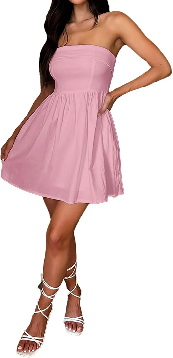HYPERFIRE Women's Elegant Strapless Tube Top Dress Sleeveless Smocked Mini Short Dresses with Pockets