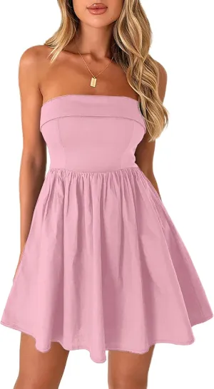HYPERFIRE Women's Elegant Strapless Tube Top Dress Sleeveless Smocked Mini Short Dresses with Pockets