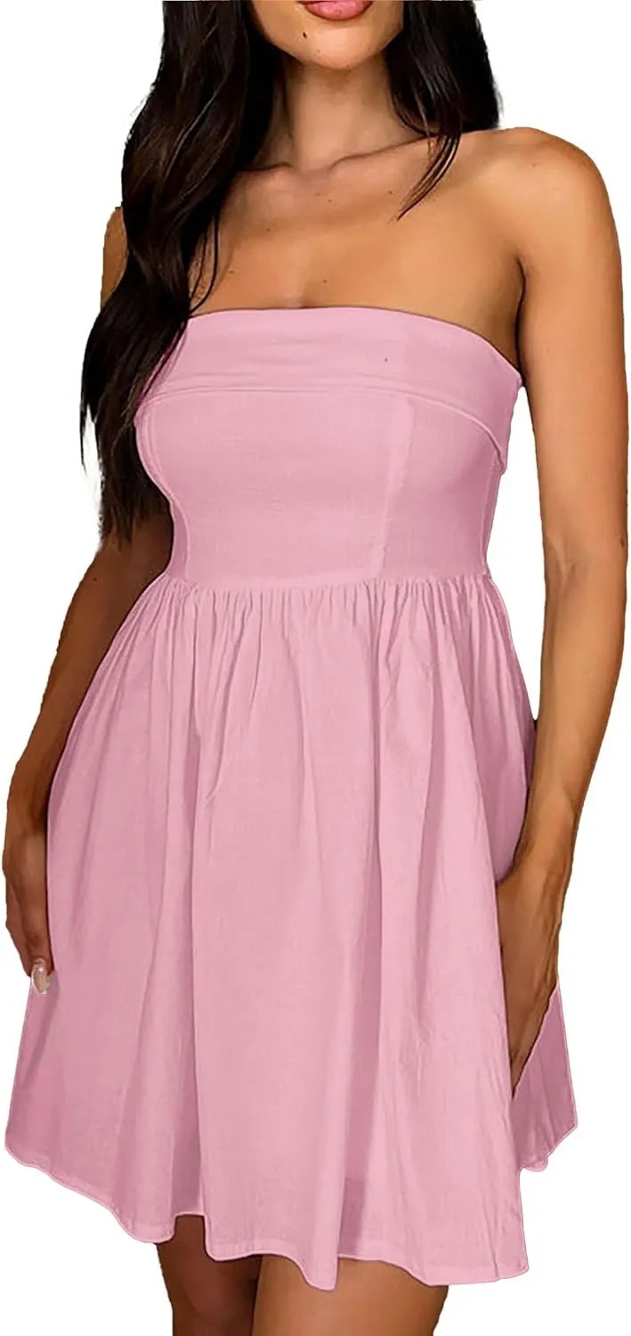 HYPERFIRE Women's Elegant Strapless Tube Top Dress Sleeveless Smocked Mini Short Dresses with Pockets