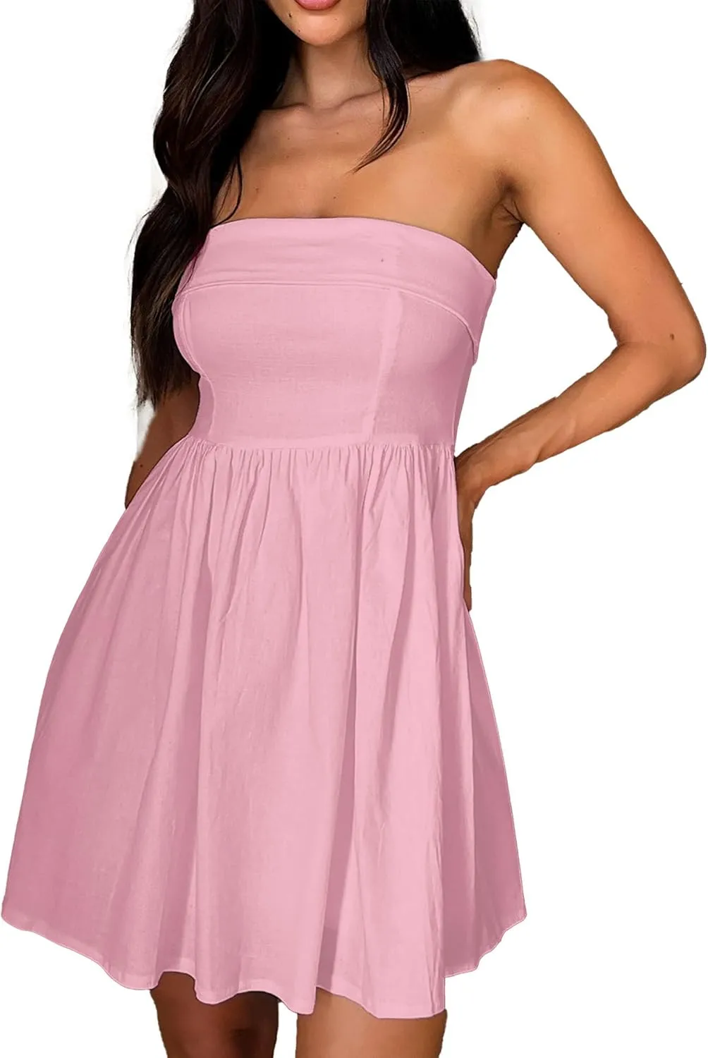 HYPERFIRE Women's Elegant Strapless Tube Top Dress Sleeveless Smocked Mini Short Dresses with Pockets