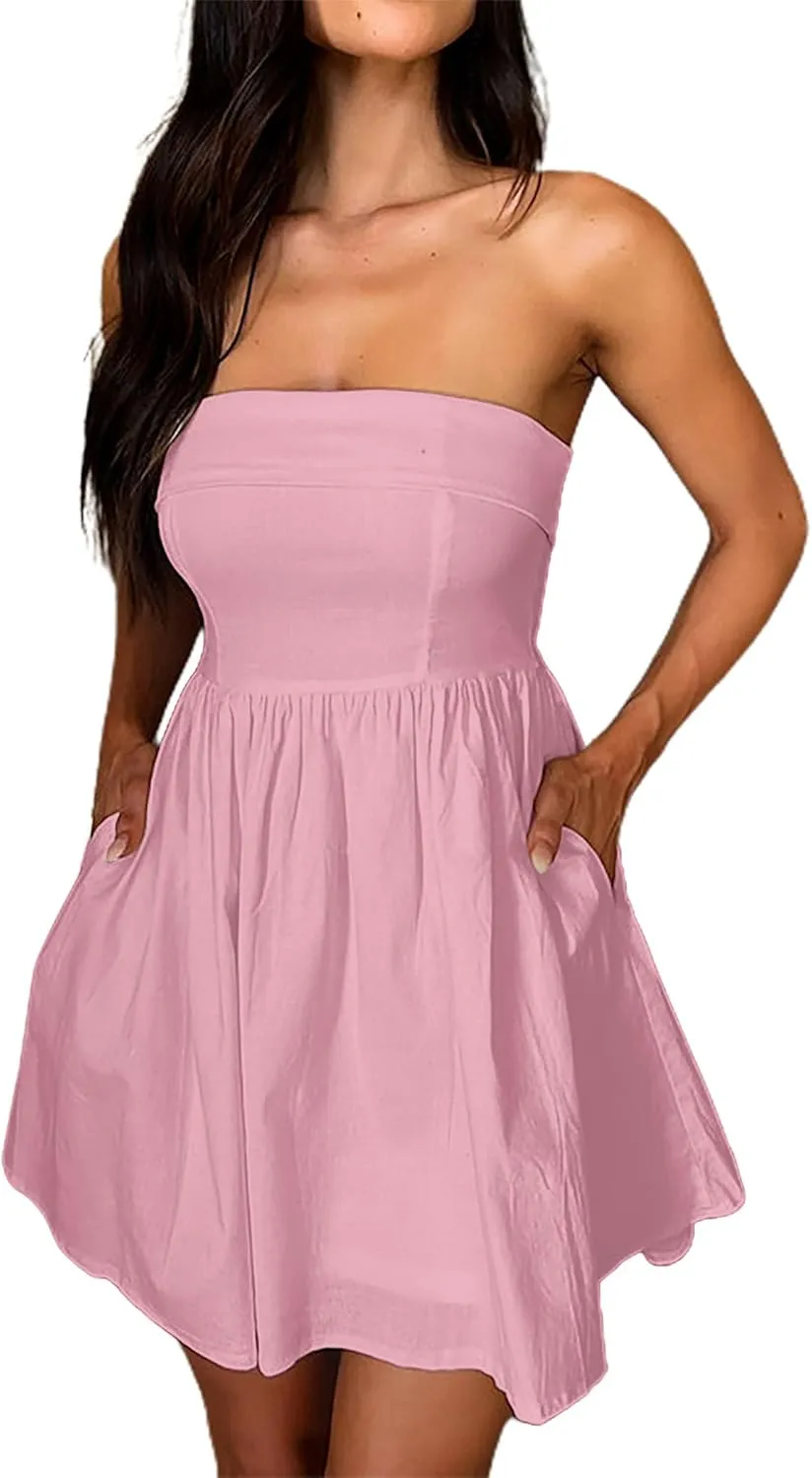 HYPERFIRE Women's Elegant Strapless Tube Top Dress Sleeveless Smocked Mini Short Dresses with Pockets