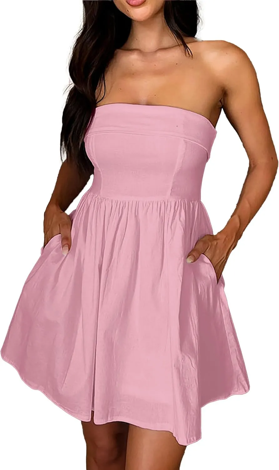 HYPERFIRE Women's Elegant Strapless Tube Top Dress Sleeveless Smocked Mini Short Dresses with Pockets
