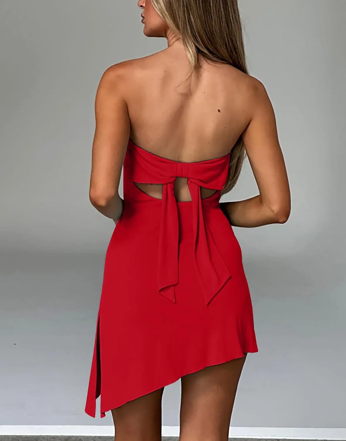 HYPERFIRE Women's Summer Strapless Tube Mini Dress Asymmetrical Slit Cut Out Back Dresses Cocktail
