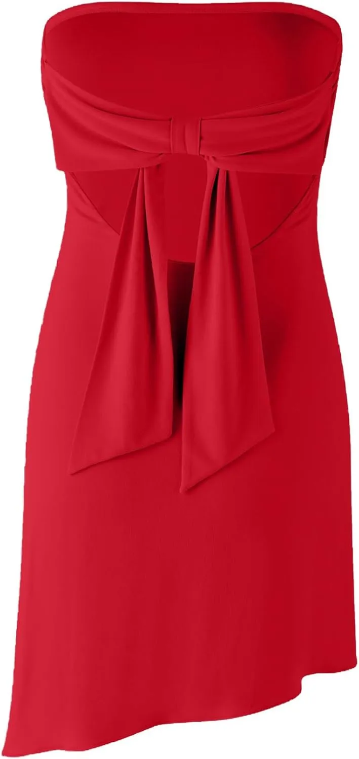 HYPERFIRE Women's Summer Strapless Tube Mini Dress Asymmetrical Slit Cut Out Back Dresses Cocktail