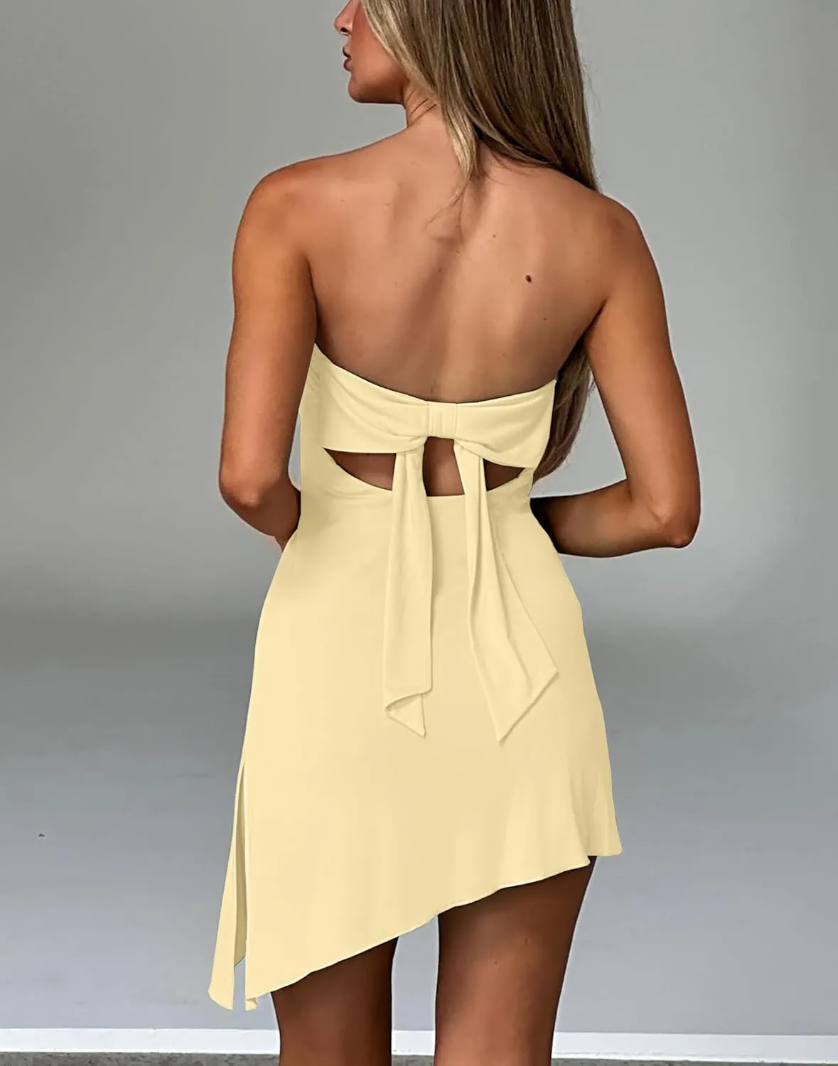 HYPERFIRE Women's Summer Strapless Tube Mini Dress Asymmetrical Slit Cut Out Back Dresses Cocktail