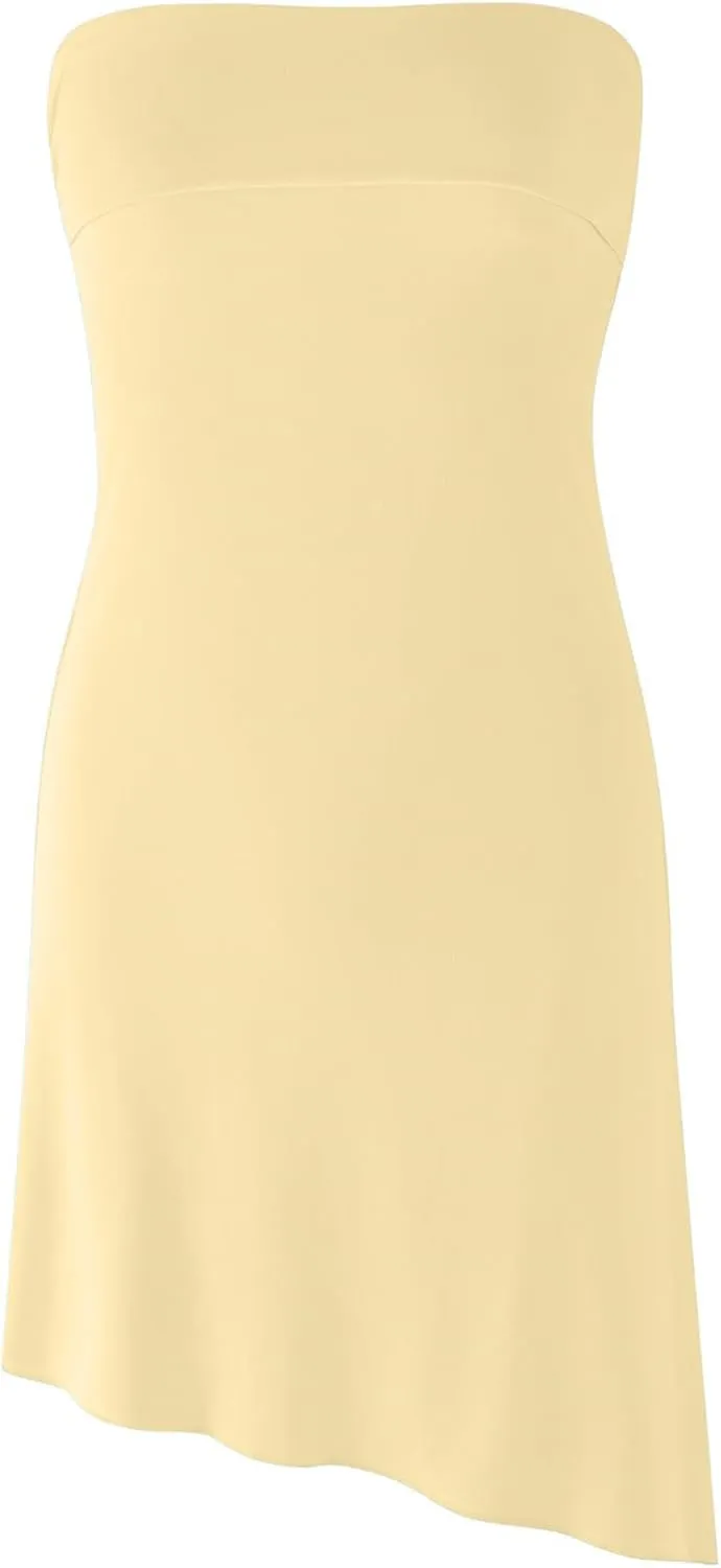 HYPERFIRE Women's Summer Strapless Tube Mini Dress Asymmetrical Slit Cut Out Back Dresses Cocktail