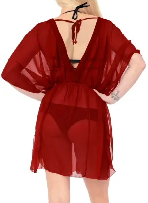 LA LEELA Bikni Swimwear Cover ups Chiffon Solid Hawaii Cardigan Girl OSFM 8-16W [M- 1X] Red_841