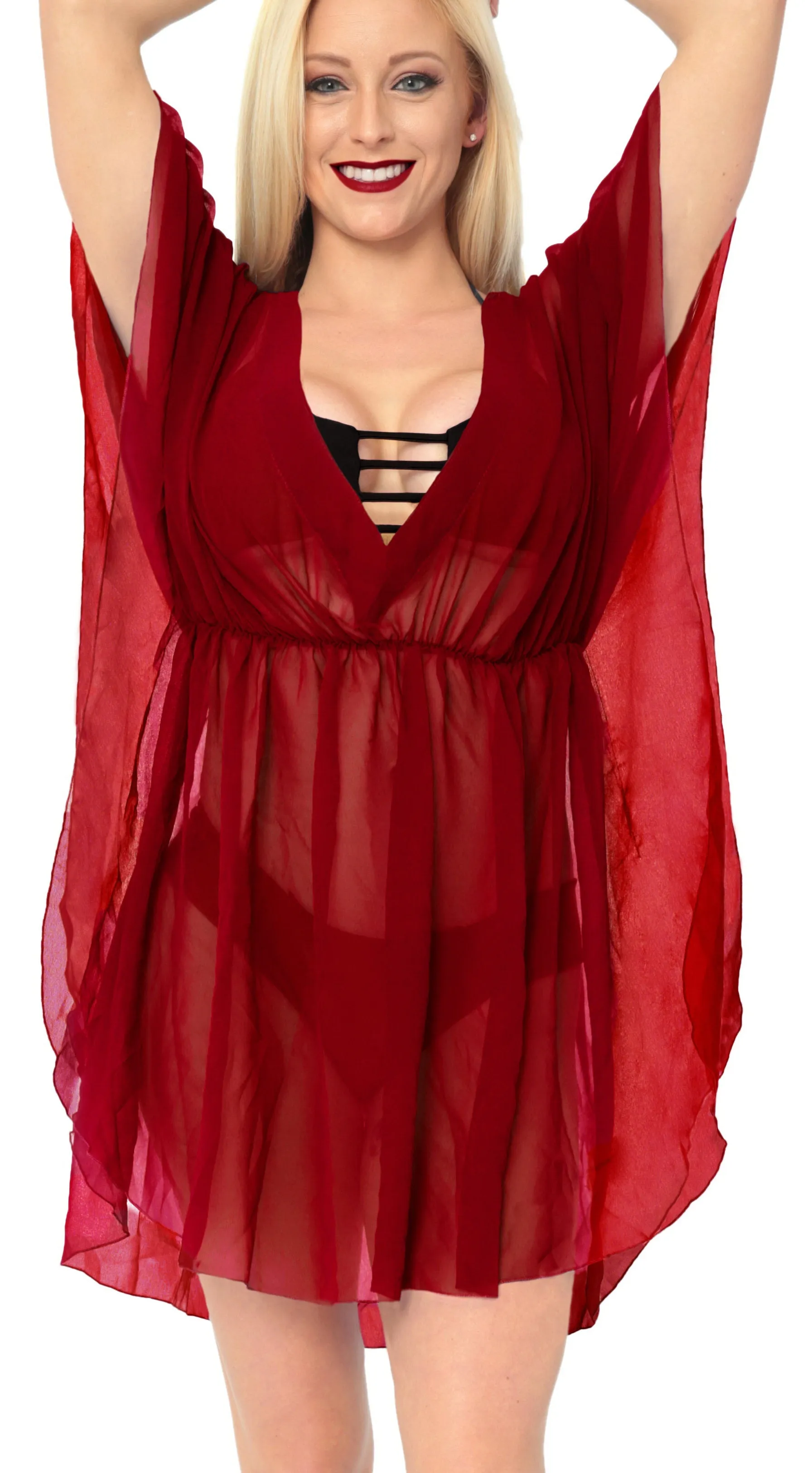 LA LEELA Bikni Swimwear Cover ups Chiffon Solid Hawaii Cardigan Girl OSFM 8-16W [M- 1X] Red_841