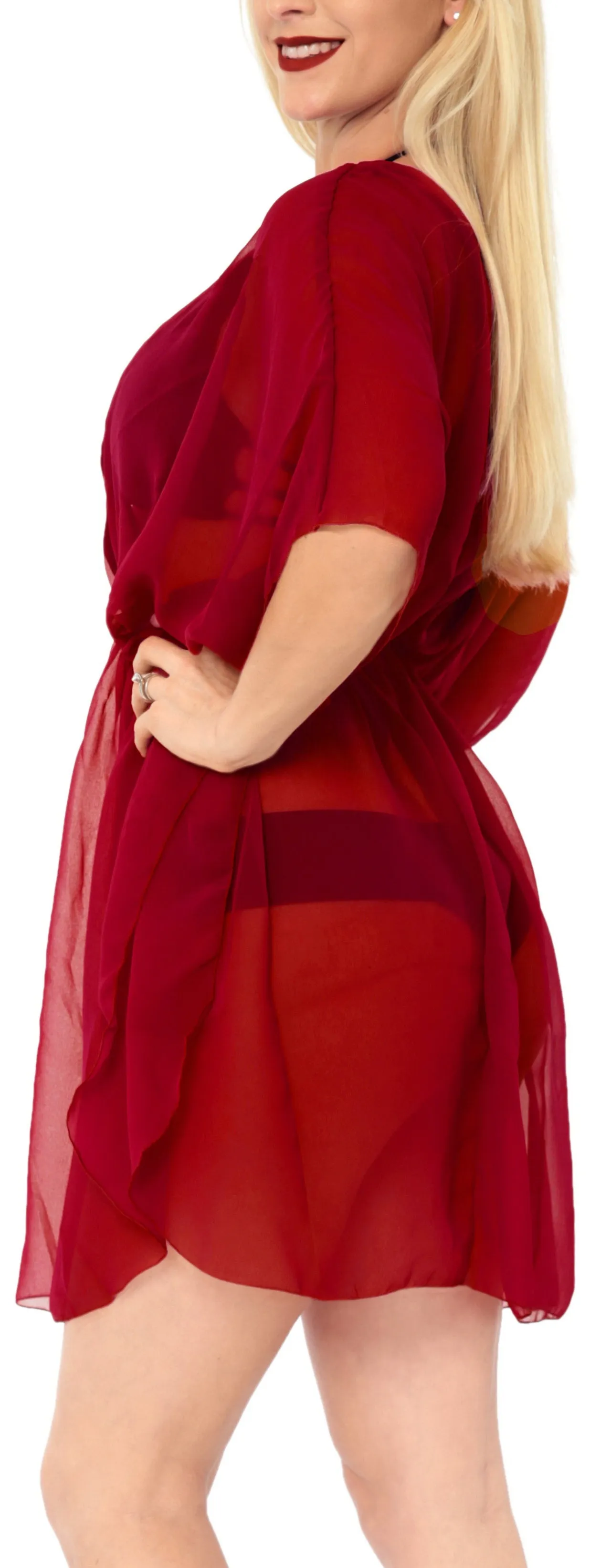 LA LEELA Bikni Swimwear Cover ups Chiffon Solid Hawaii Cardigan Girl OSFM 8-16W [M- 1X] Red_841