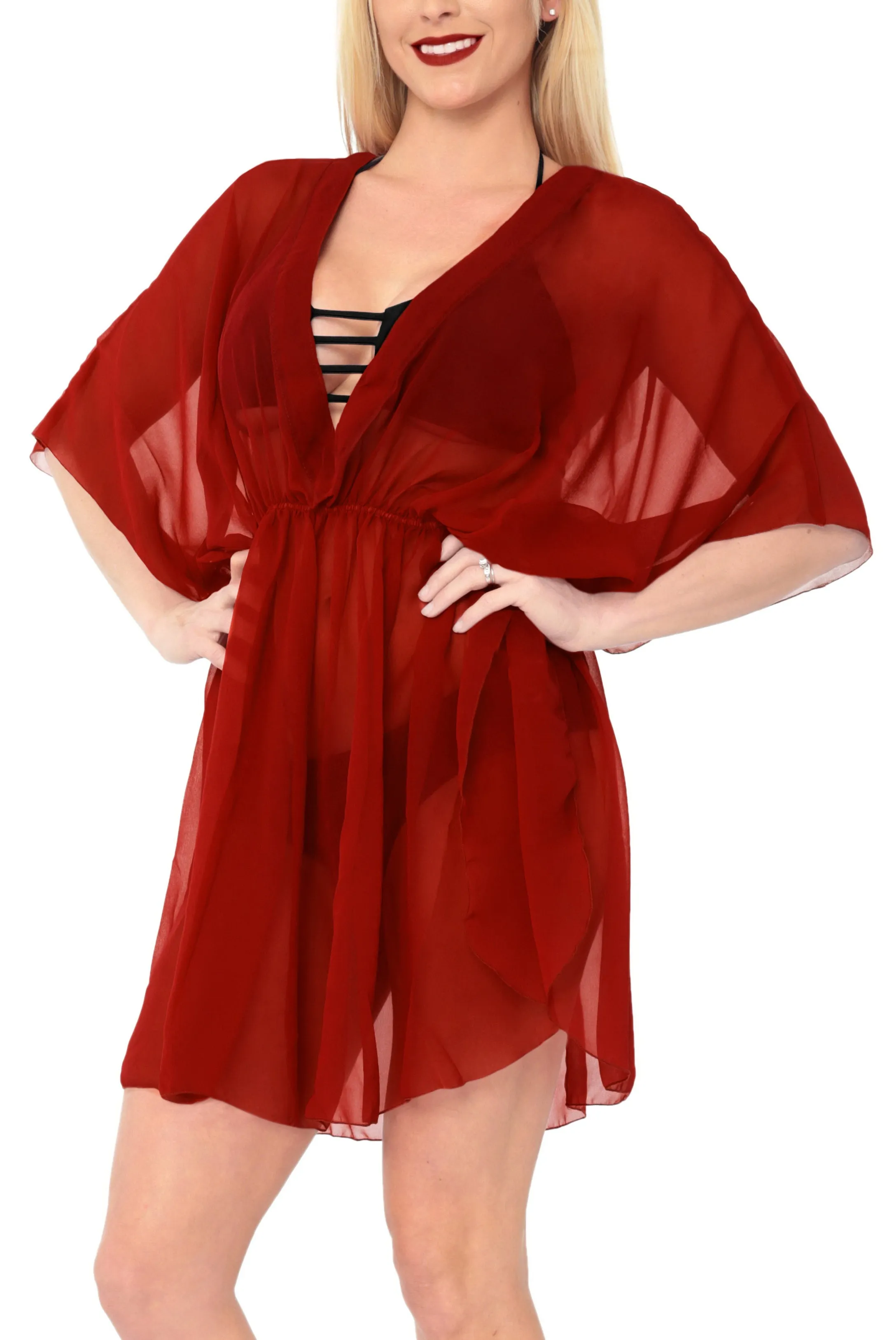 LA LEELA Bikni Swimwear Cover ups Chiffon Solid Hawaii Cardigan Girl OSFM 8-16W [M- 1X] Red_841