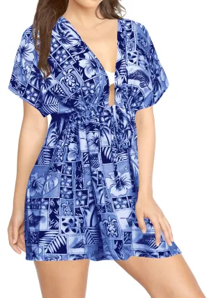 LA LEELA Bikni Swimwear Soft fabric Printed Beachwear Loose Cover Up OSFM 14-24W [L- 3X] Blue_B802