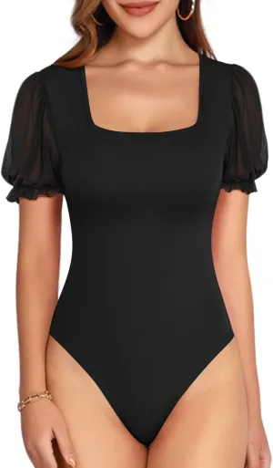 MANGOPOP Square Neck Long Sleeve Short Sleeve Bodysuit for Women Mesh Ruffle Sleeves Going Out Tops