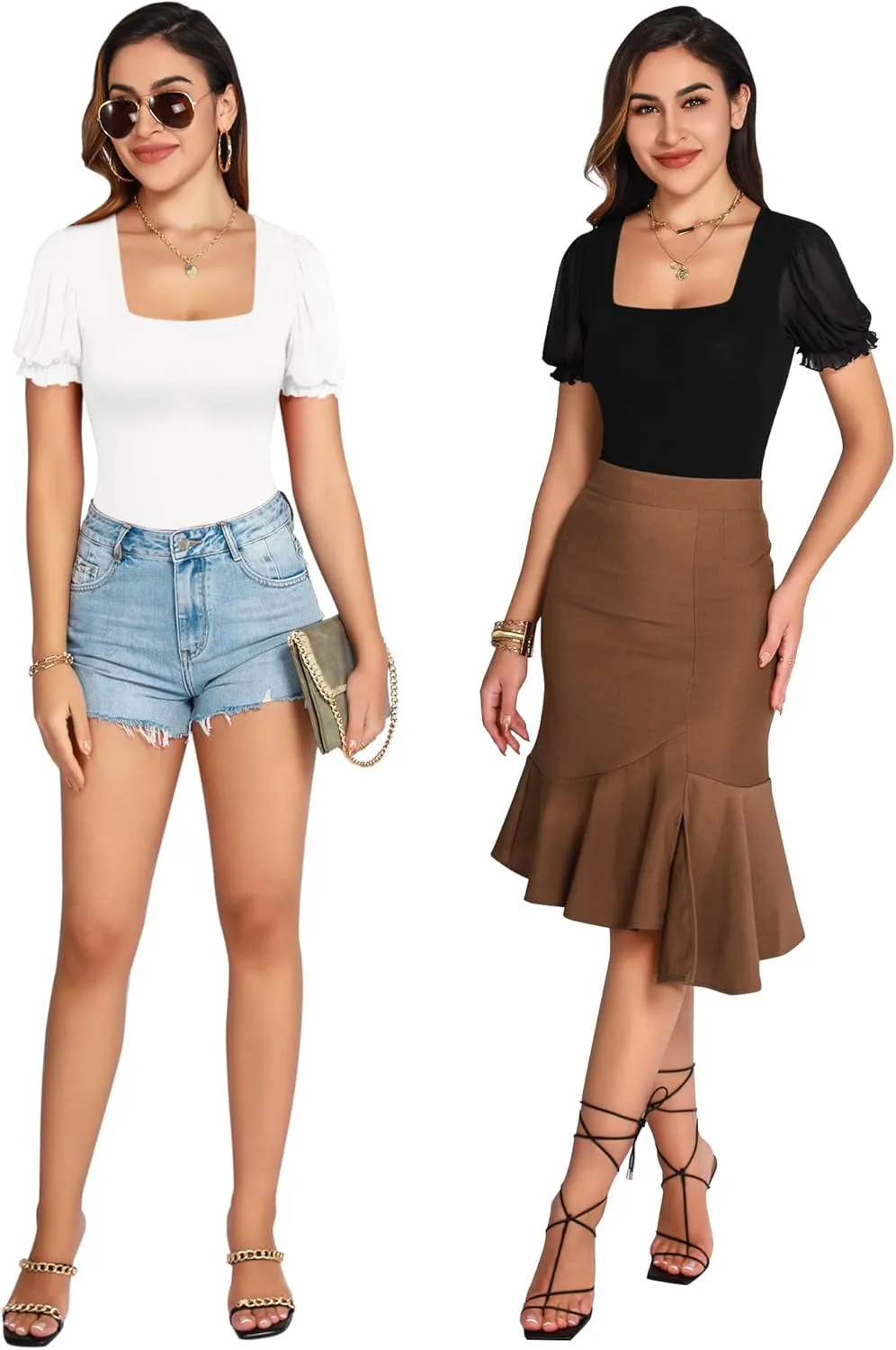 MANGOPOP Square Neck Long Sleeve Short Sleeve Bodysuit for Women Mesh Ruffle Sleeves Going Out Tops