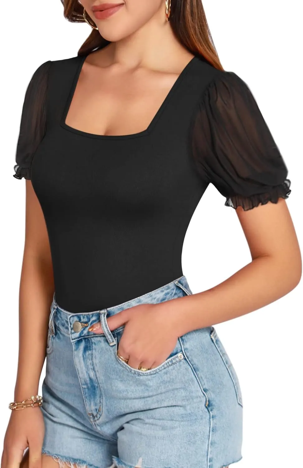 MANGOPOP Square Neck Long Sleeve Short Sleeve Bodysuit for Women Mesh Ruffle Sleeves Going Out Tops