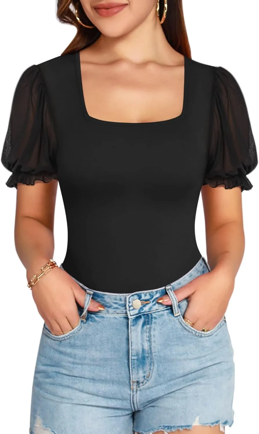 MANGOPOP Square Neck Long Sleeve Short Sleeve Bodysuit for Women Mesh Ruffle Sleeves Going Out Tops